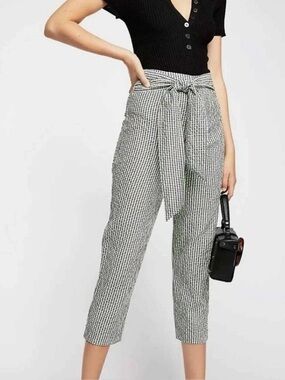 FREE PEOPLE West Side Tie Black White Gingham Check Seersucker Cropped Pants 2